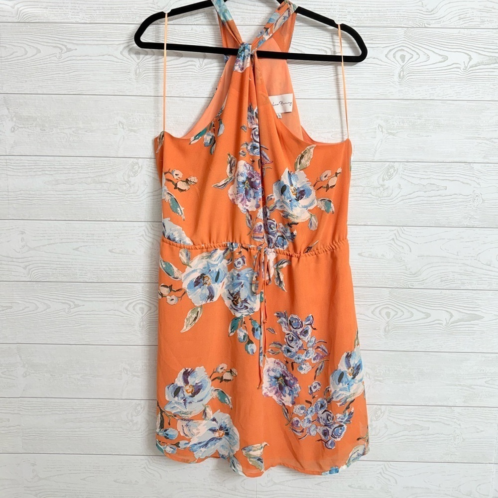 Chandler Henry Women’s Orange Floral Chiffon Sleeveless Mini Dress. Size L